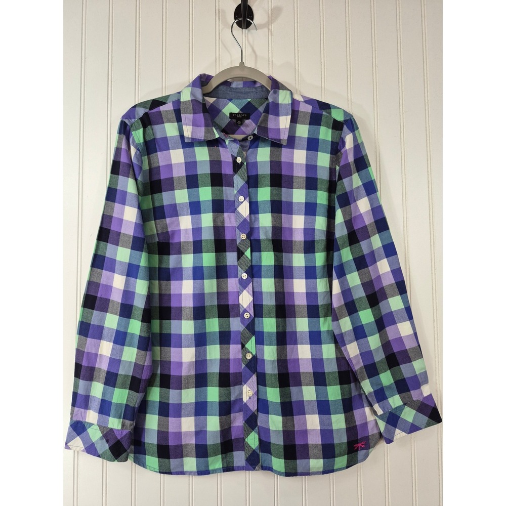 Talbots Petites Purple Green Blue Plaid Cotton Button Down Shirt LP Long Sleeve